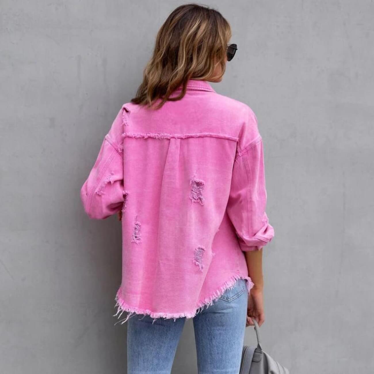 Women's Distressed Denim Jacket Button-Up Frayed Hem Oversized Shacket — Image 9