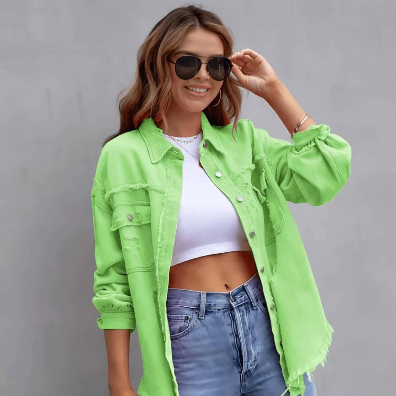 Women's Distressed Denim Jacket Button-Up Frayed Hem Oversized Shacket — Image 7