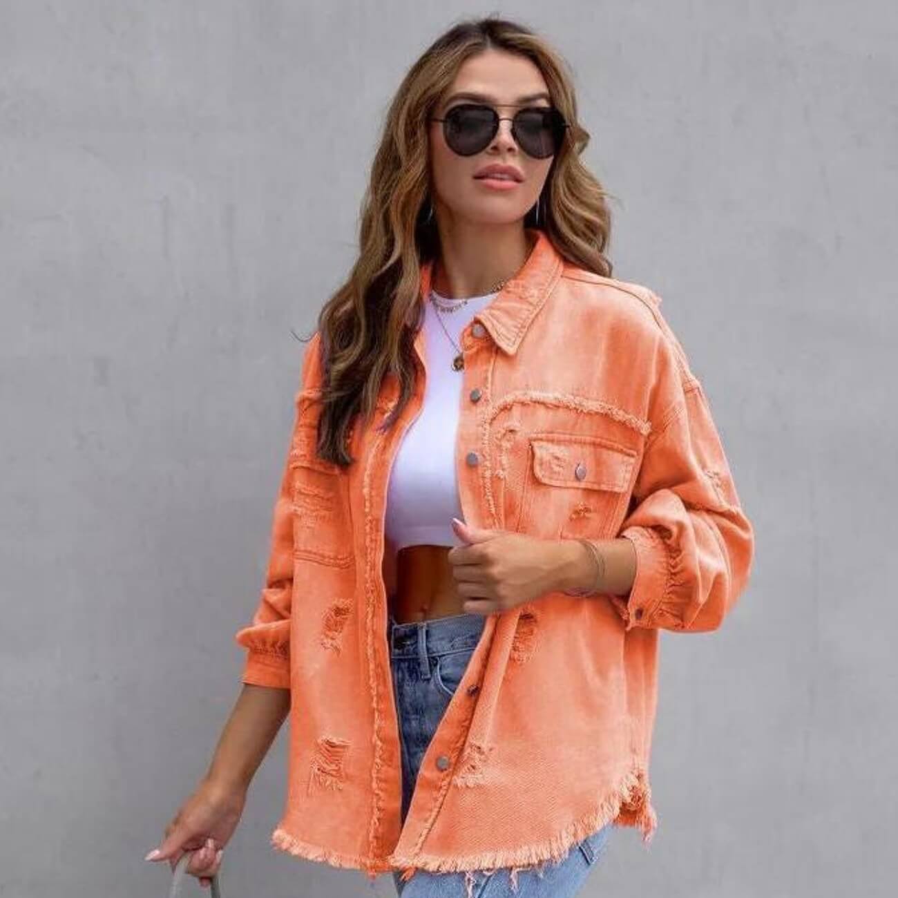 Women's Distressed Denim Jacket Button-Up Frayed Hem Oversized Shacket — Image 6