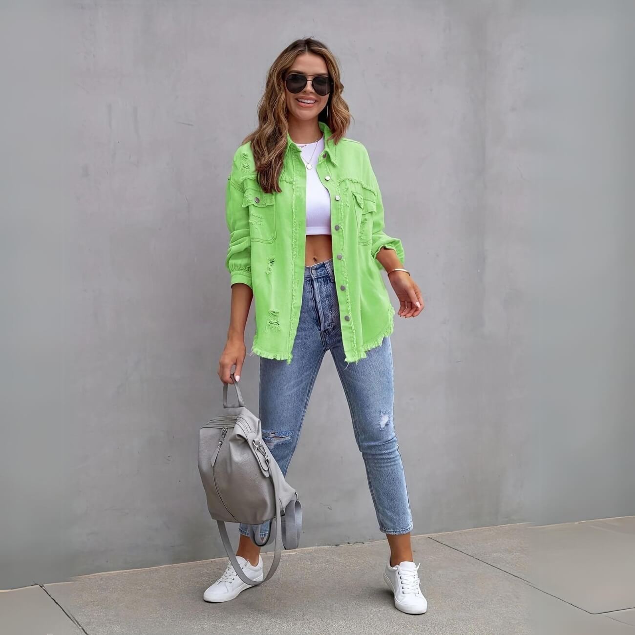 Women's Distressed Denim Jacket Button-Up Frayed Hem Oversized Shacket — Image 5