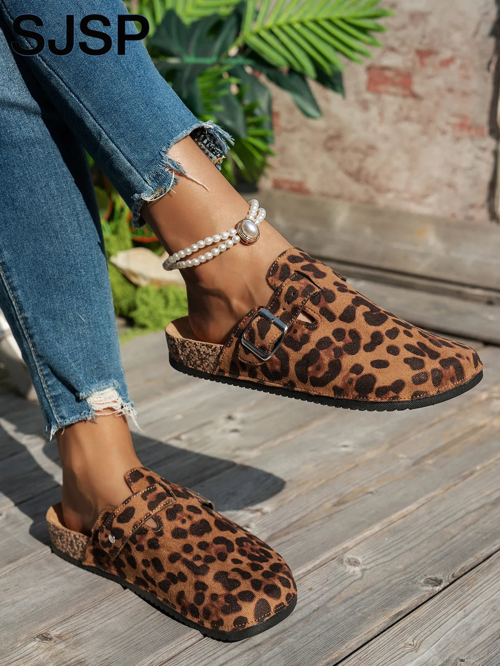 SJSP Women's Leopard Print Suede Slip-On Clogs with Buckle Brown Comfortable Casual Footwear — Image 3