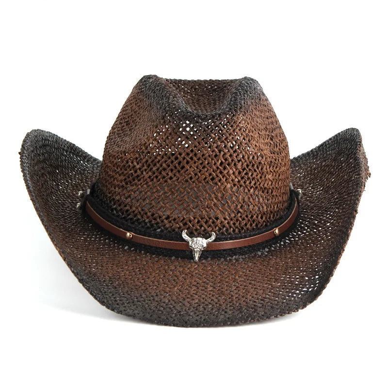 IF IFOND Western Straw Cowboy Hat Brown Woven Bull Headband Unisex Adult — Main Image