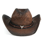 IF IFOND Western Straw Cowboy Hat Brown Woven Bull Headband Unisex Adult — Main Image