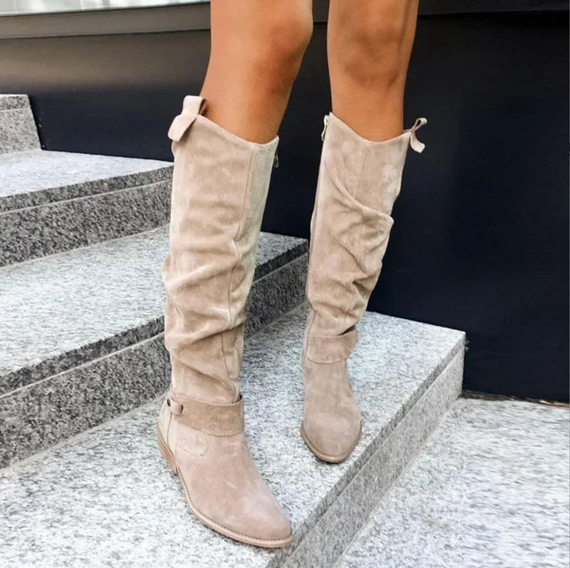 Women's Suede Knee-High Boots Low Heel Zipper Closure Beige Black — Image 6