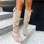 Women's Suede Knee-High Boots Low Heel Zipper Closure Beige Black — Image 6