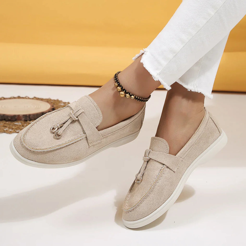 Women's Casual Beige Loafers Suede Slip-On with Gold Accent Comfortable Sole — Image 3