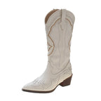 Women's Western Cowboy Boots White Leather Embroidered Knee-High Pointed Toe — Image 5