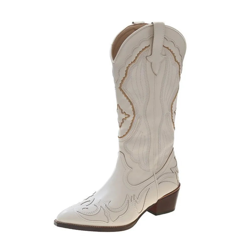 Women's Western Cowboy Boots White Leather Embroidered Knee-High Pointed Toe — Image 5