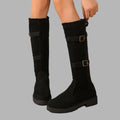 Women's Black Suede Knee-High Boots with Buckle Straps - Stylish & Comfortable — Main Image
