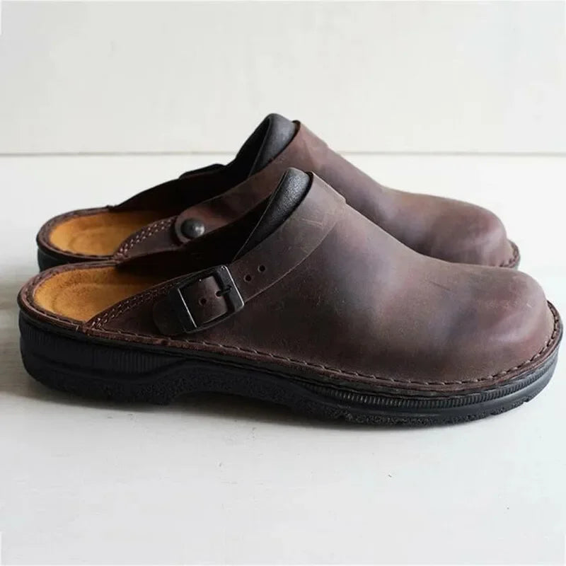 Men's Leather Clogs with Adjustable Strap in Brown, Black, Tan - Comfortable Slip-On — Main Image