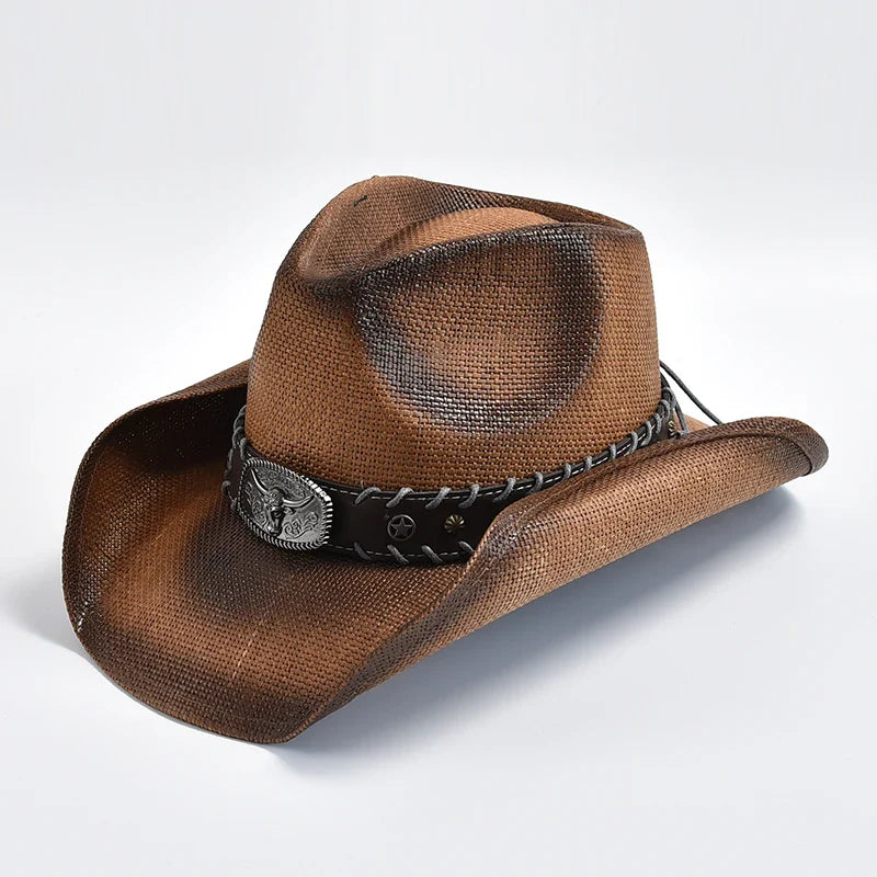 Western Cowboy Hat Brown Straw Decorative Band Unisex Adult 56-58cm — Main Image