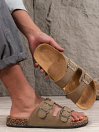 Men's Double Buckle Cork Sandals Brown Faux Leather Slip-On Adjustable Straps — Image 4
