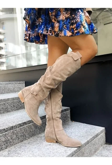 Women's Suede Knee-High Boots with Zipper Closure in Beige, Black, Brown — Image 2