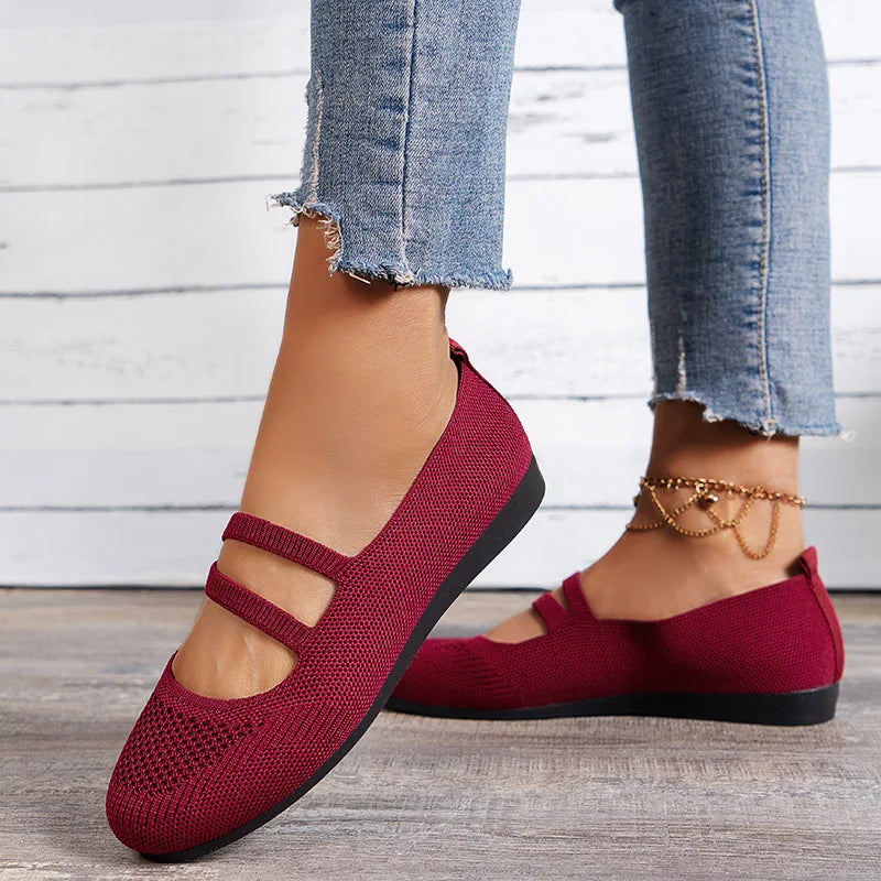 Women's Knit Ballet Flats Double Strap Comfortable Slip-On Shoes Navy Red Gray Black — Image 5