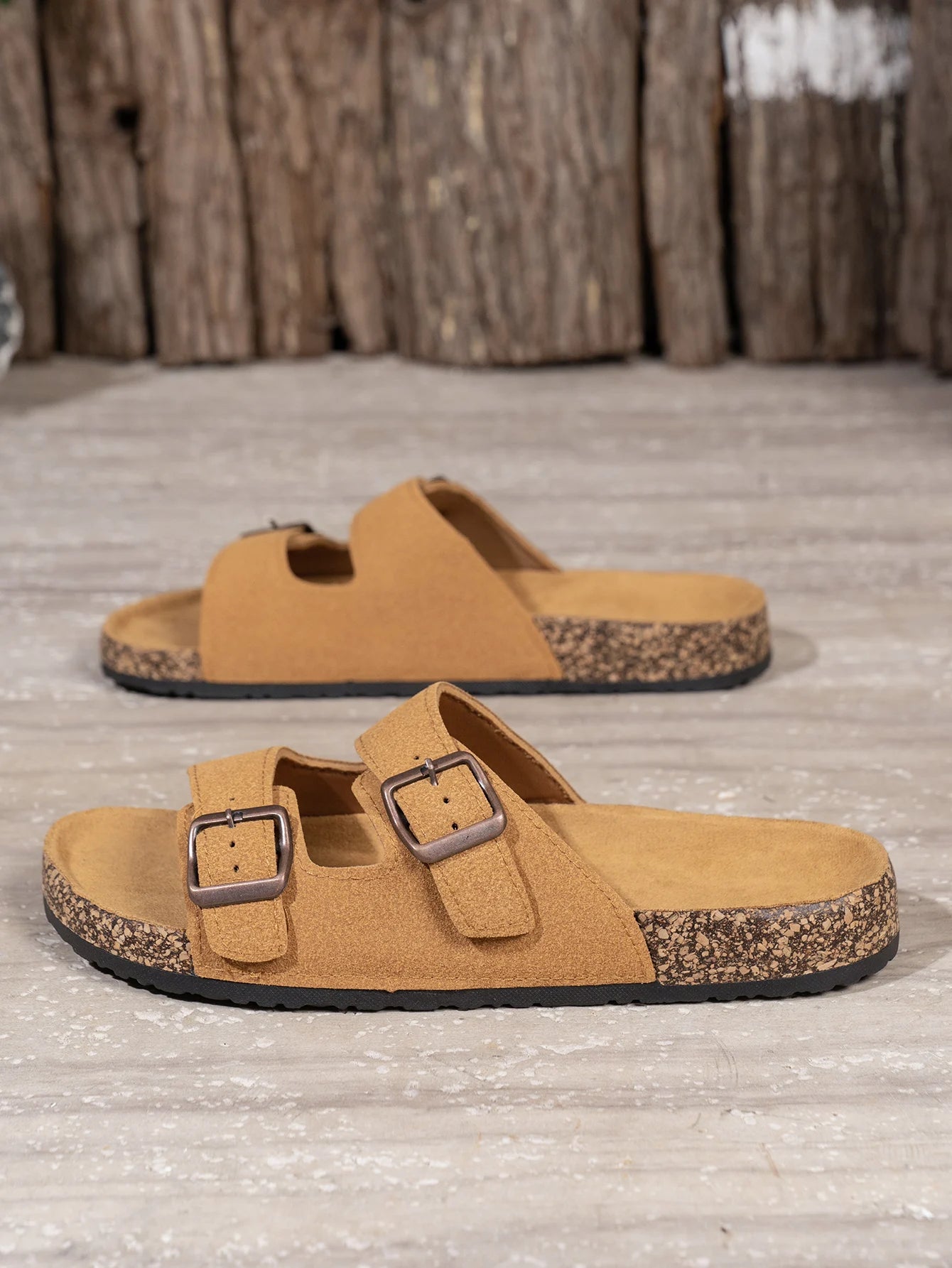 Men's Double Strap Cork Sandals Suede Black Adjustable Buckle Casual Comfort Footwear — Image 3