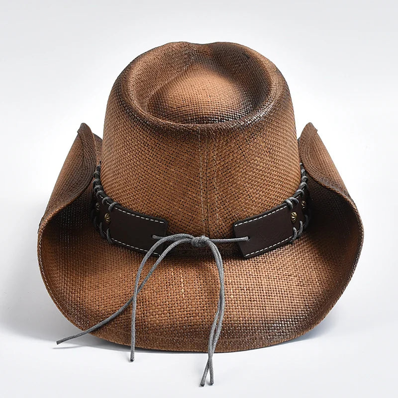 Western Cowboy Hat Brown Straw Decorative Band Unisex Adult 56-58cm — Image 4