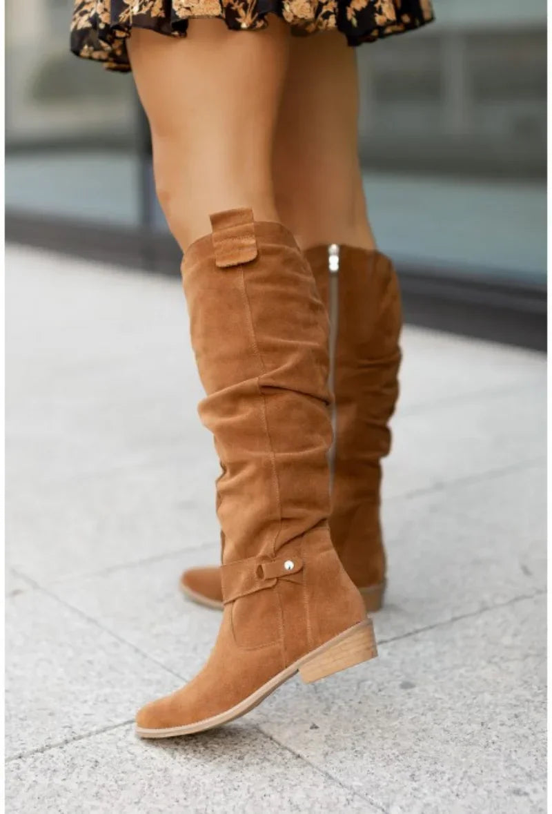 Women's Suede Knee-High Boots Low Heel Zipper Closure Beige Black — Image 4