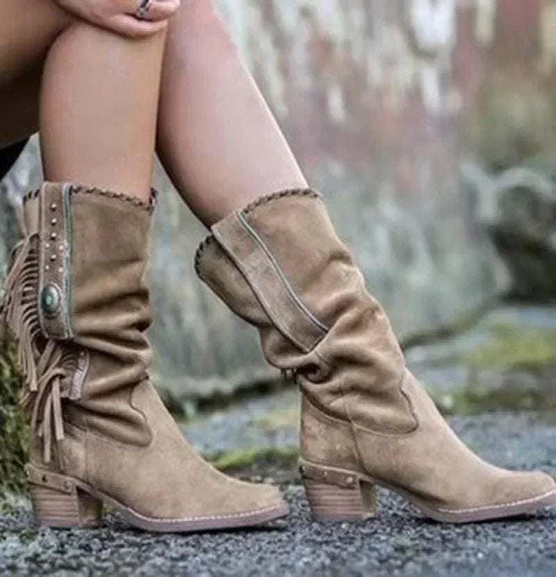 Women's Suede Fringe Western Boots Brown Mid-Calf Embellished Studded — Image 2