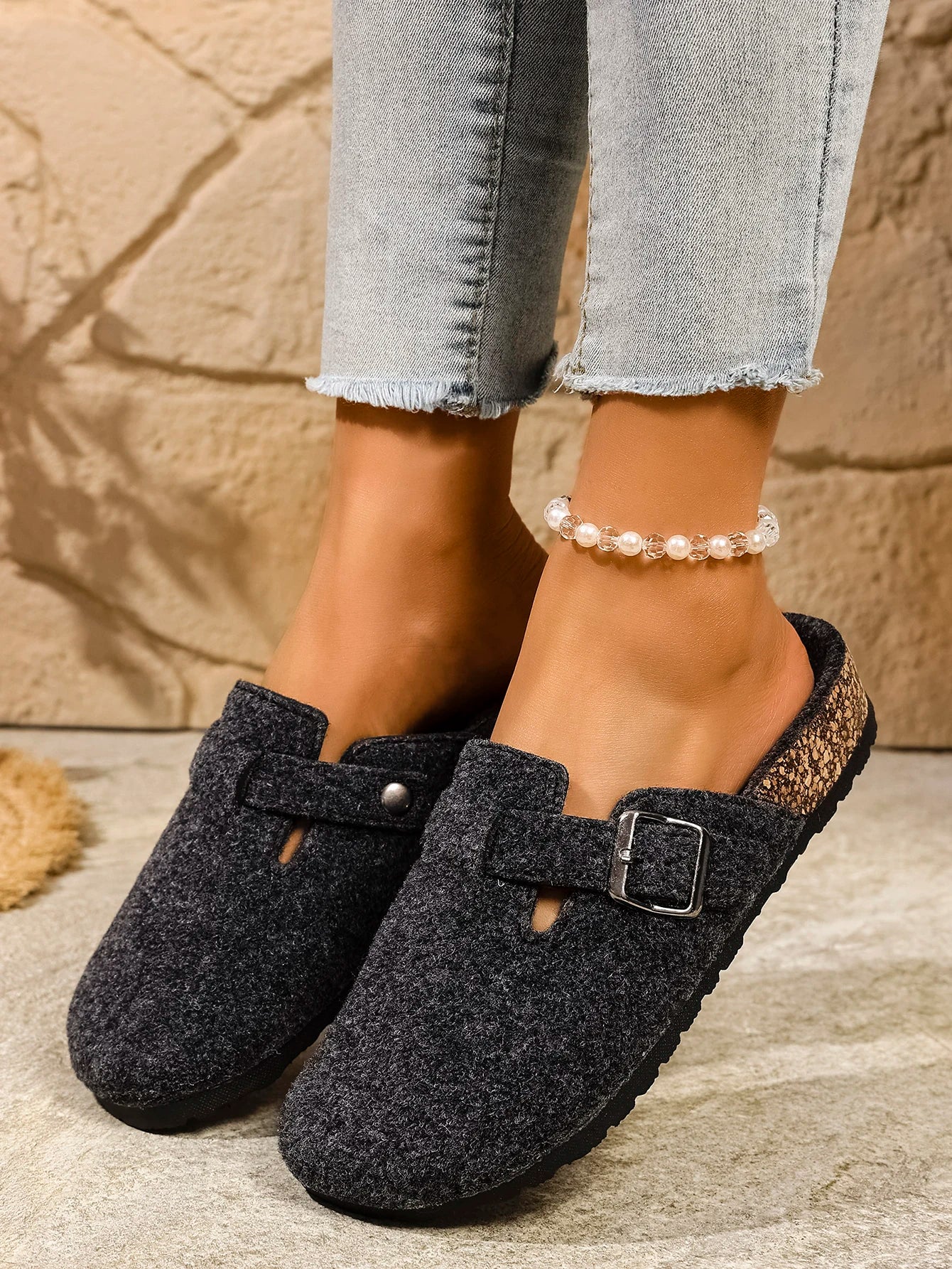 Cozy Woolen Slip-On Mules Cork Sole Brown Black Beige Unisex Comfortable — Image 4
