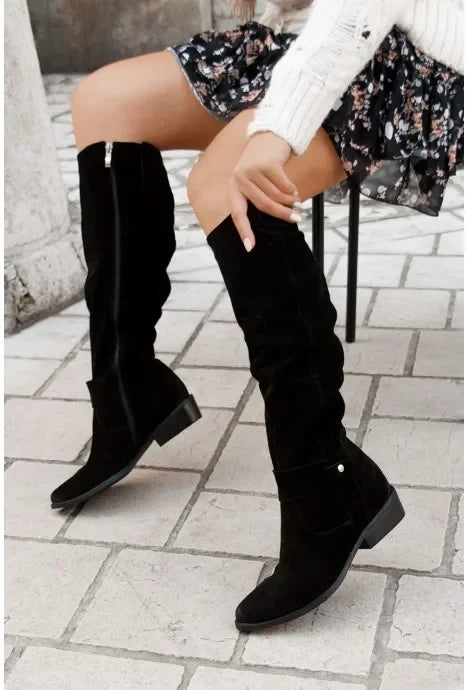 Women's Suede Knee-High Boots with Zipper Closure in Beige, Black, Brown — Image 3