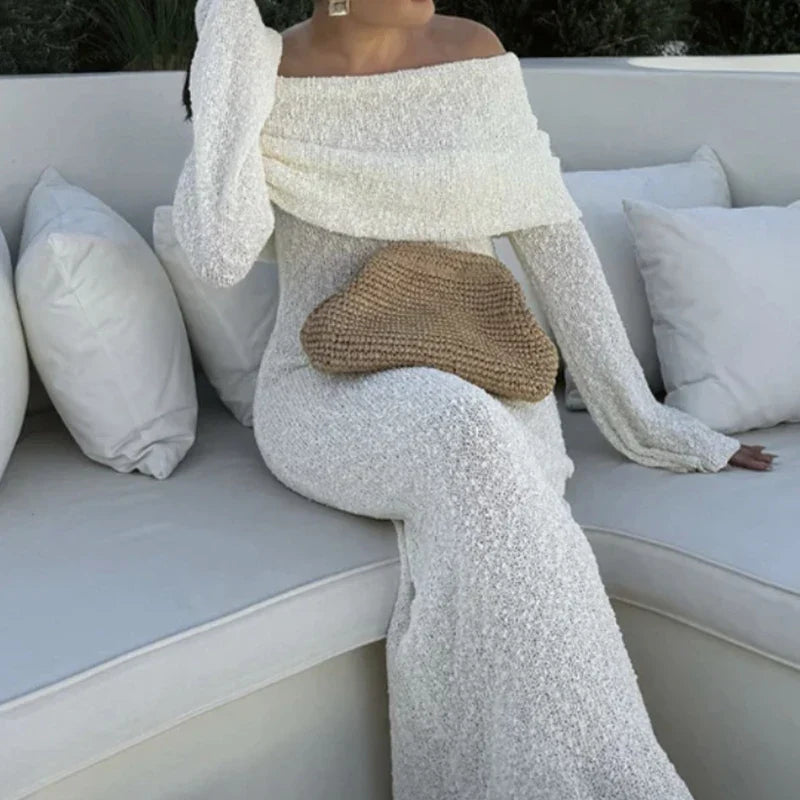 Chic Off-Shoulder Maxi Dress Women Elegant Long Sleeve Evening Gown White Sequin — Image 2