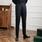 Men's Wool Blend Pleated Trousers Black Tailored Fit Cuffed Hem Formal Pants — Image 5
