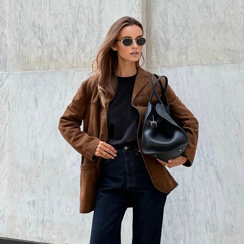 Women's Suede Blazer Jacket Brown Tailored Fit Elegant Design — Main Image