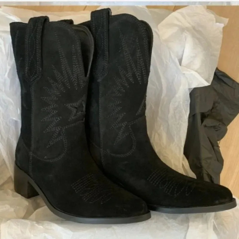 Women's Western Suede Cowboy Boots Brown Black Embroidered Mid-Calf Heel — Image 6