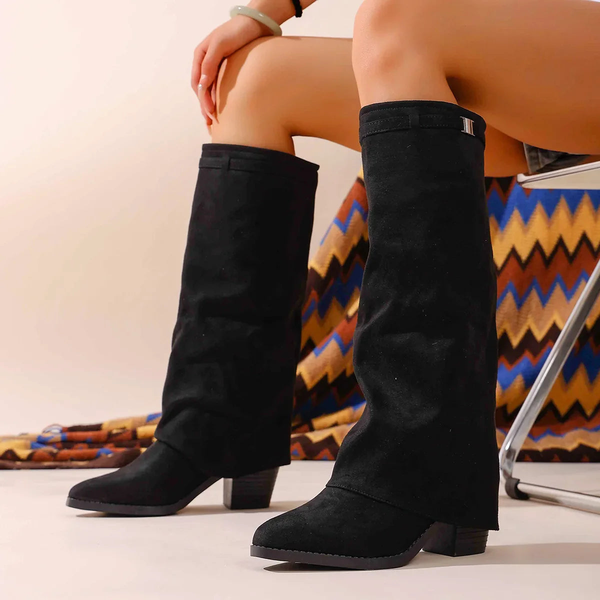 Women's Knee-High Boots Faux Suede Leather Black Brown White Fashionable Comfortable — Main Image