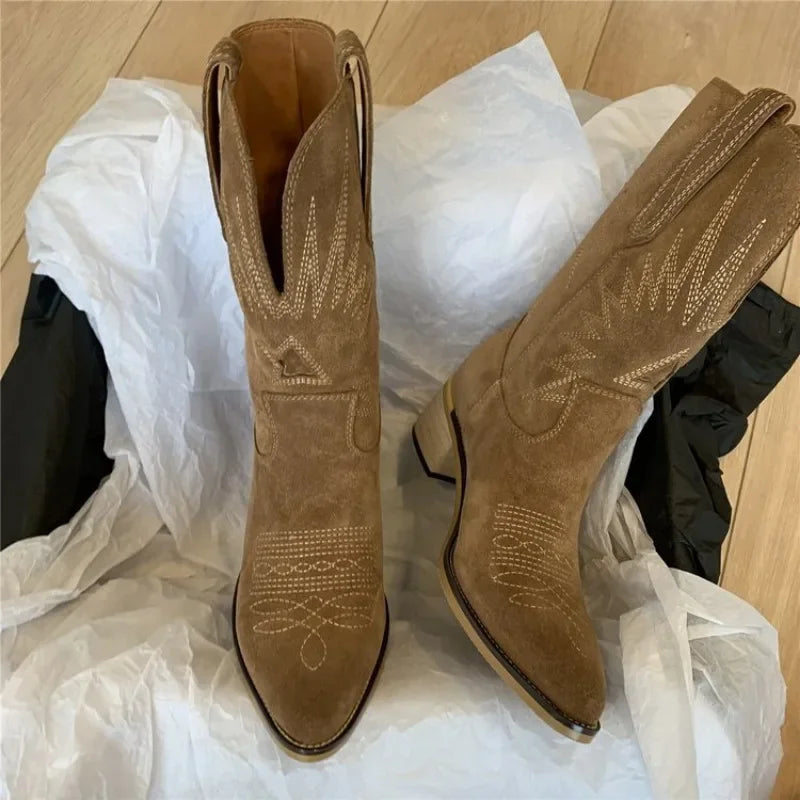 Women's Western Suede Cowboy Boots Brown Black Embroidered Mid-Calf Heel — Image 2