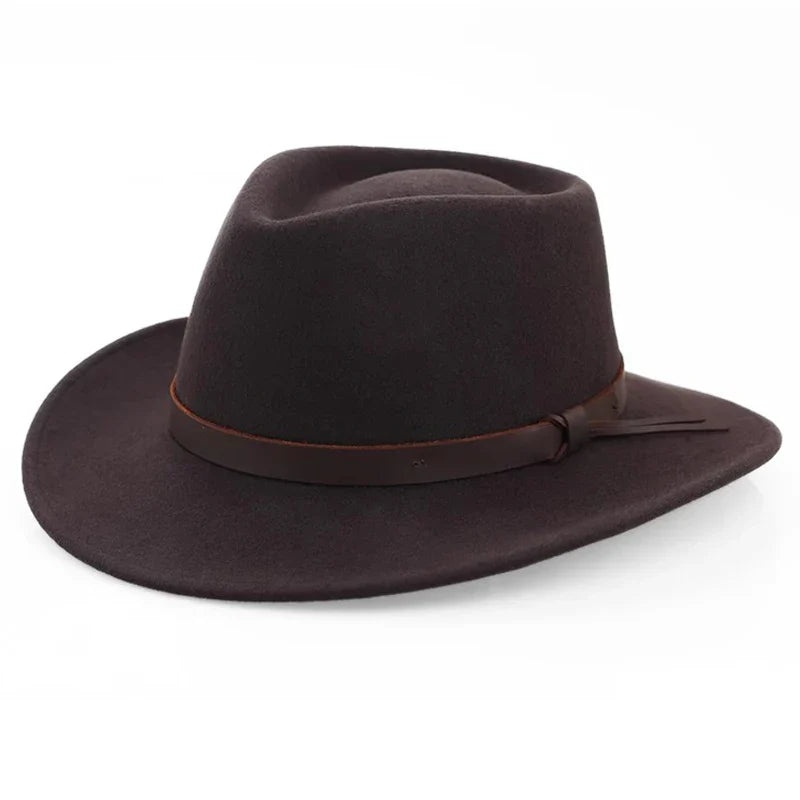 Classic Wool Fedora Hat Men's Wide Brim Felt with Leather Band Black Brown Medium — Image 5
