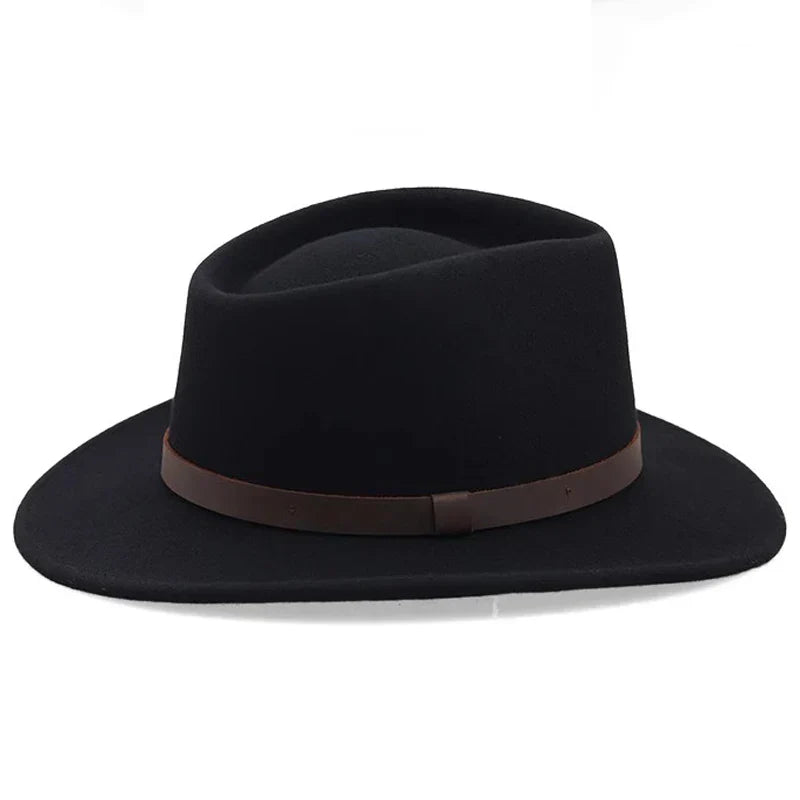 Classic Wool Fedora Hat Men's Wide Brim Felt with Leather Band Black Brown Medium — Image 7