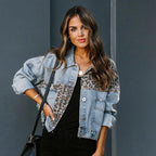 Trendy Women's Denim Jacket with Leopard Print Patchwork Casual Jean Outerwear — Image 2