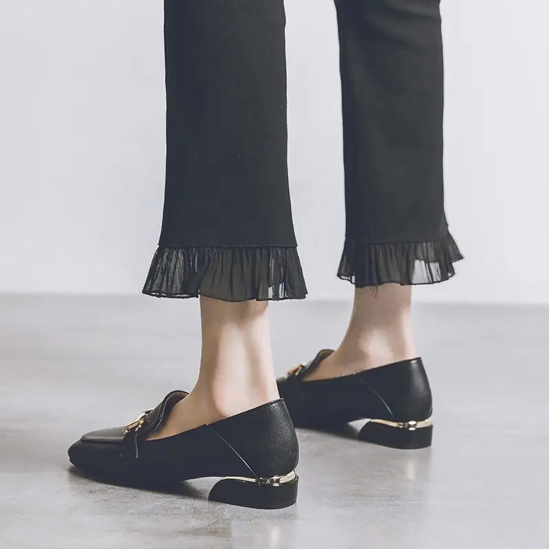 Elegant Women's Loafers Leather Gold Buckle Black Beige Comfortable Slip-On Shoes — Image 5