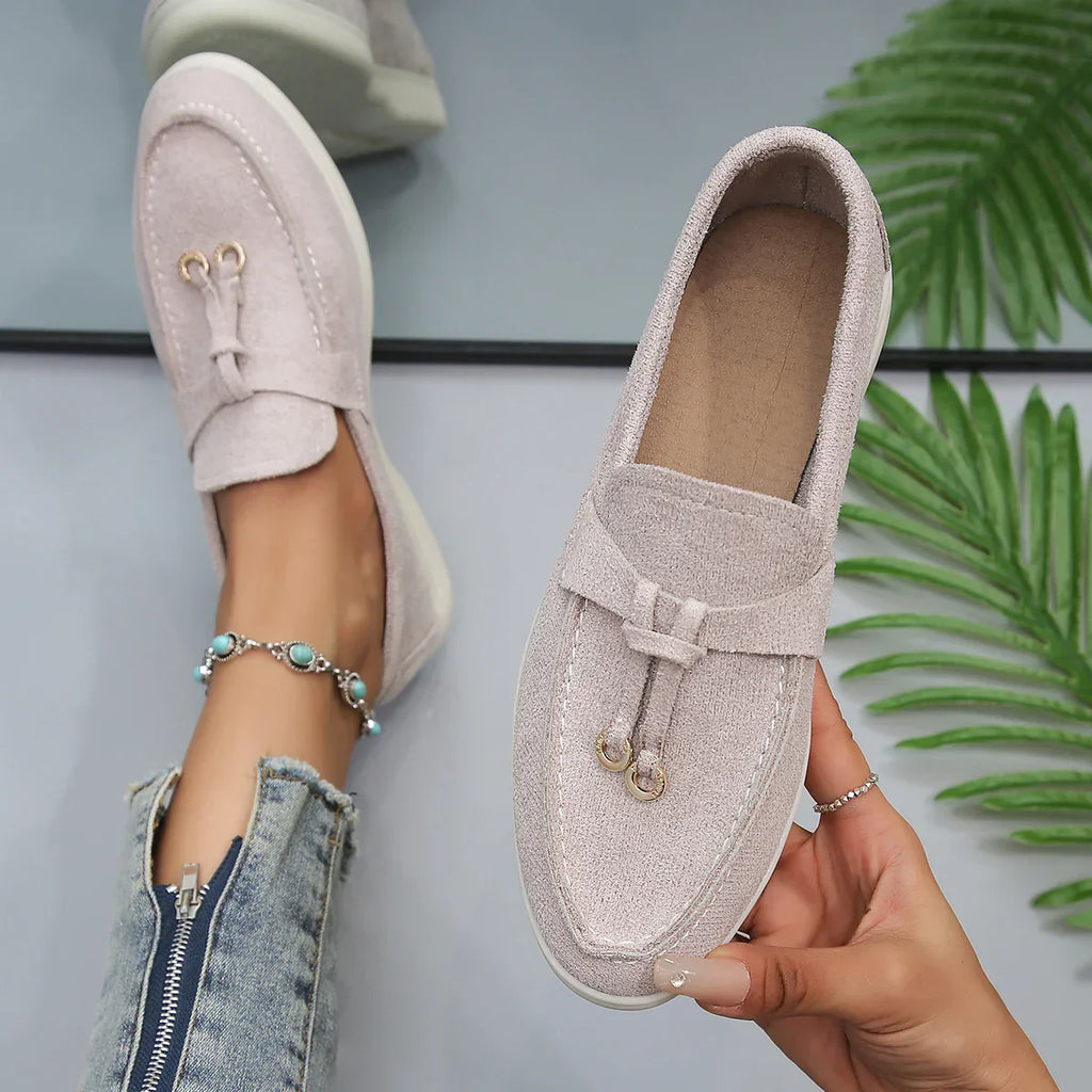 Women's Casual Beige Loafers Suede Slip-On with Gold Accent Comfortable Sole — Image 2