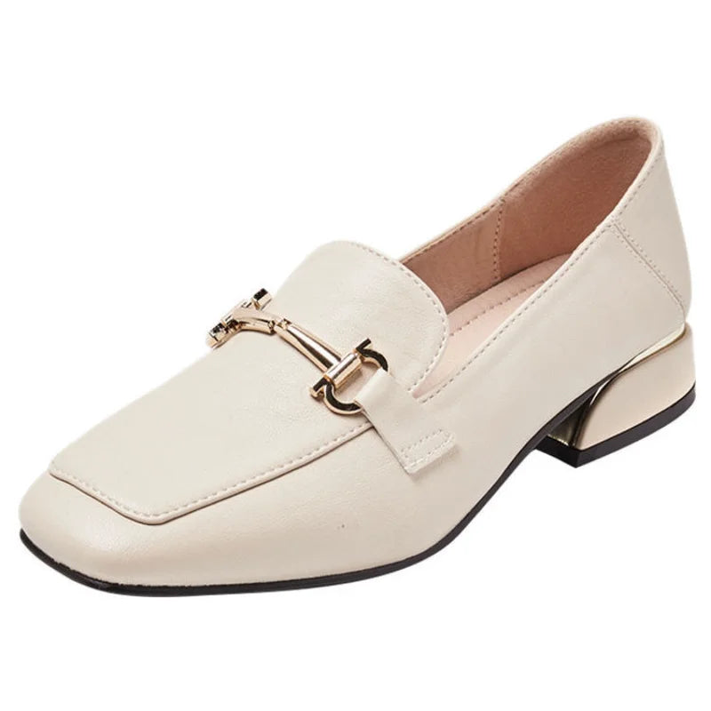 Elegant Women's Loafers Leather Gold Buckle Black Beige Comfortable Slip-On Shoes — Image 6