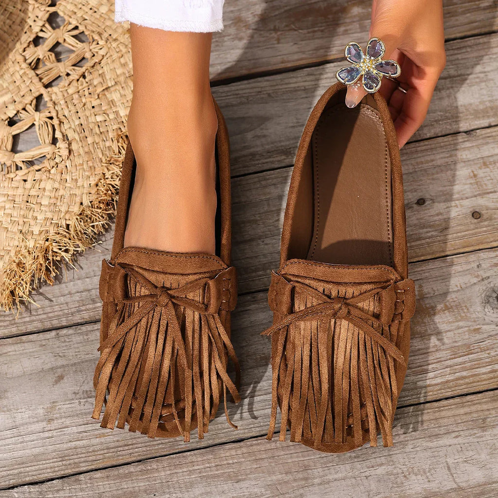 Women's Suede Fringe Loafers Brown Moccasins Slip-On Casual Shoes — Image 3