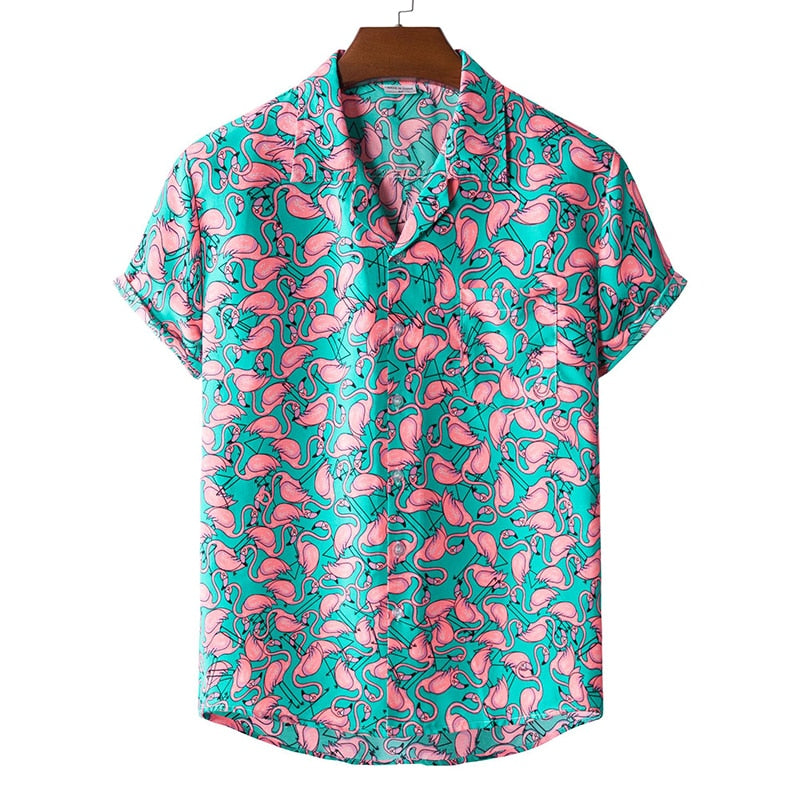 Flamingo Print Hawaiian Shirt Men's Short Sleeve Casual Button-Down Lightweight Beachwear — Image 2