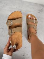 Women's Double Buckle Slip-On Sandals Tan Faux Leather Cork Sole — Image 3