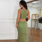 Elegant Crochet Maxi Dress Women Sleeveless Cut-Out Detail White Green Beige — Image 4