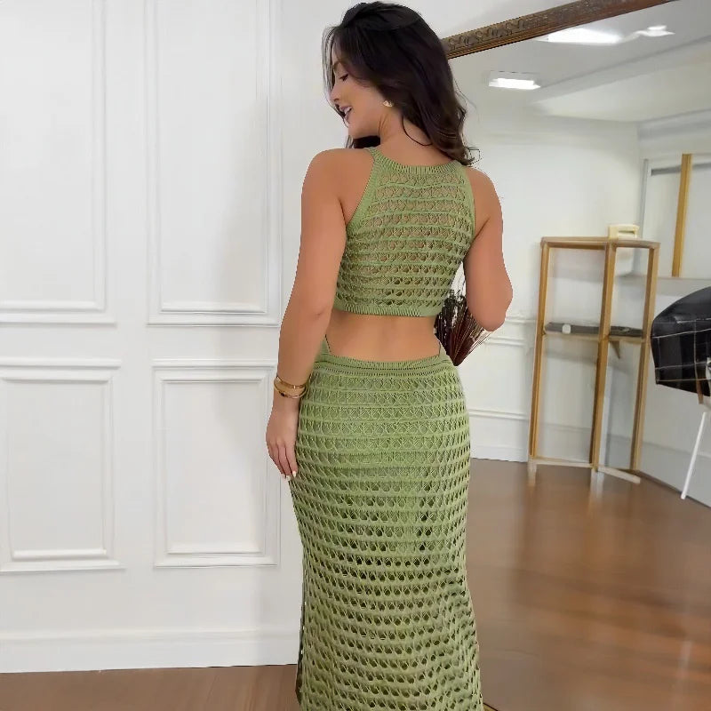 Elegant Crochet Maxi Dress Women Sleeveless Cut-Out Detail White Green Beige — Image 4