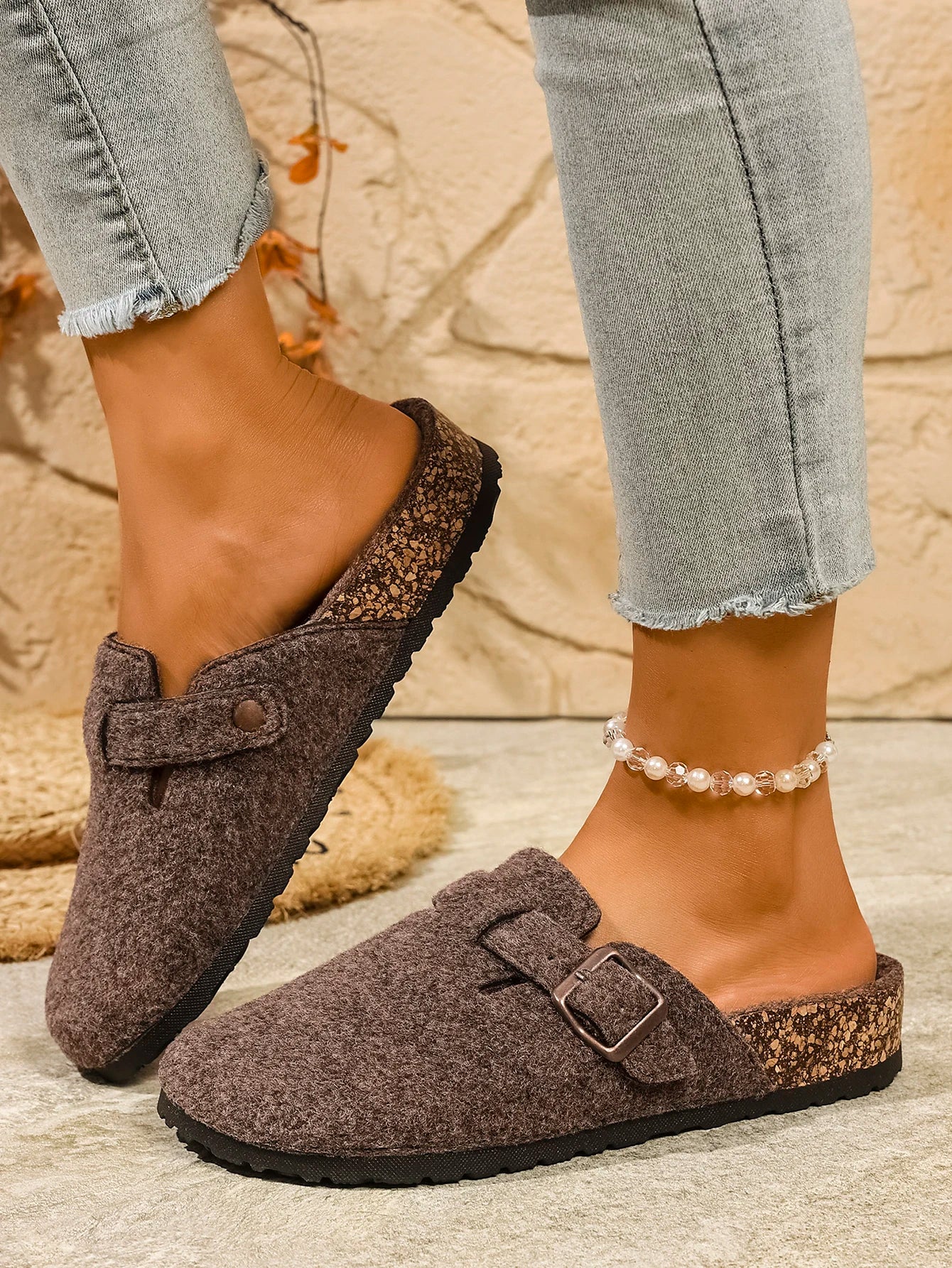 Cozy Woolen Slip-On Mules Cork Sole Brown Black Beige Unisex Comfortable — Image 2