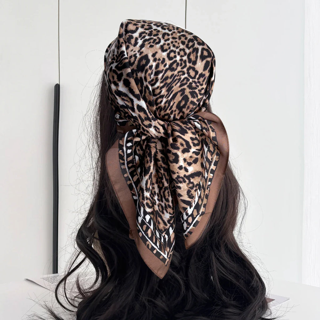 Luxury Leopard Print Satin Silk Scarf Wrap Unisex Fashion Accessory Brown Black — Image 3
