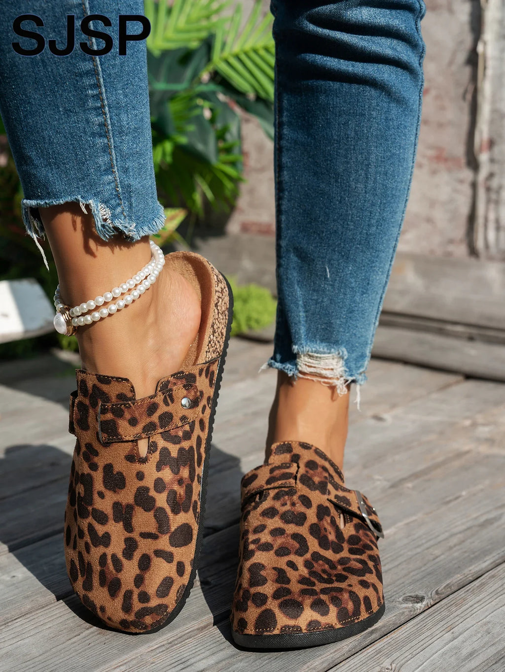 SJSP Women's Leopard Print Suede Slip-On Clogs with Buckle Brown Comfortable Casual Footwear — Image 2