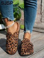 SJSP Women's Leopard Print Suede Slip-On Clogs with Buckle Brown Comfortable Casual Footwear — Image 2