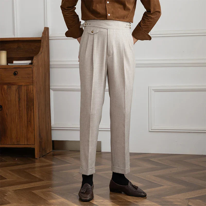 Men's Wool Blend Pleated Trousers Gray High Waist Adjustable Waistband Formal Business Pants — Image 8