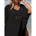 Elegant Women's Beach Cover-Up Black Cotton Pom Pom Trim One Size Summer Swimwear — Image 3