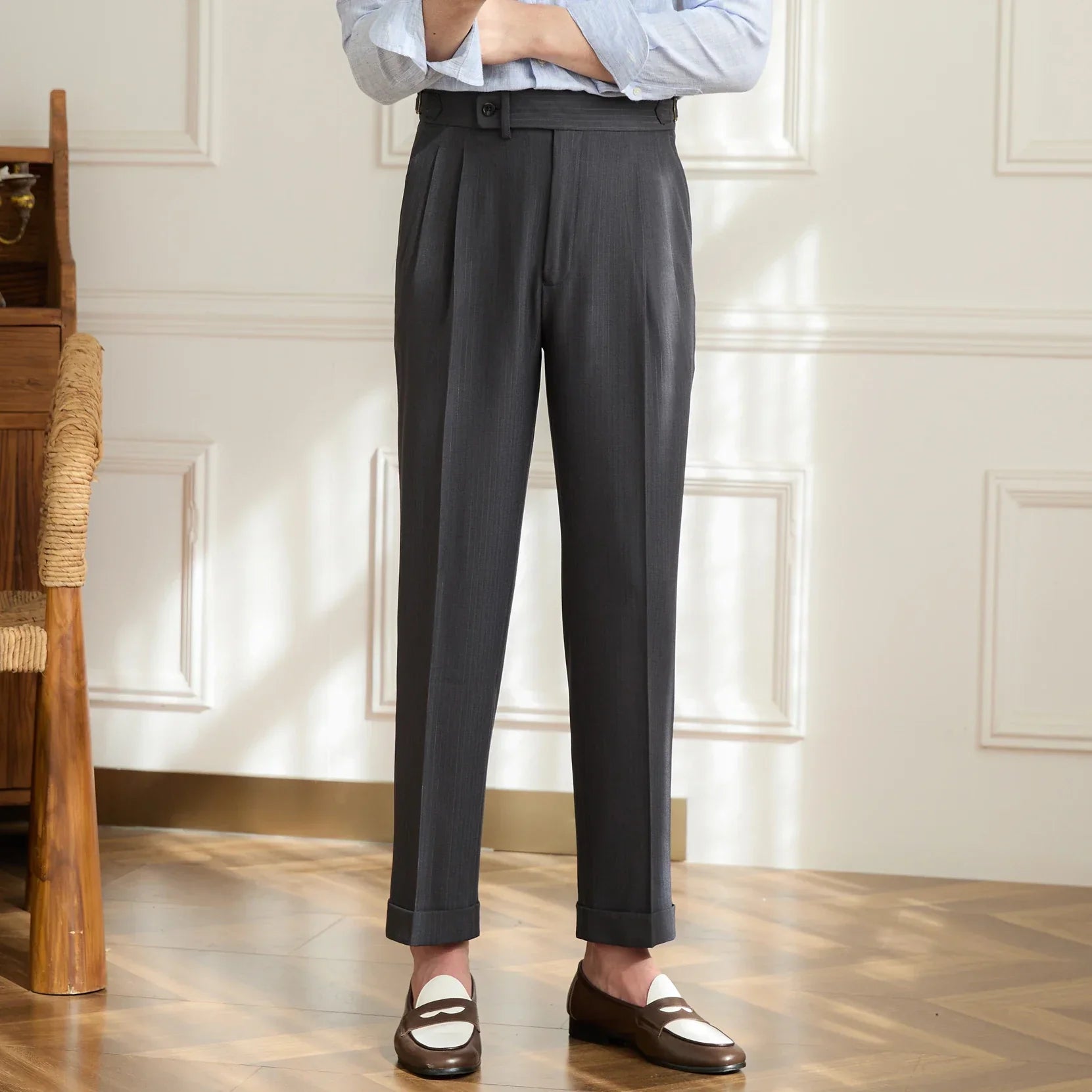 Brand Men's Wool Pleated Trousers Tailored Fit Adjustable Waistband Black — Image 5