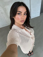 Women's Crochet Knit Cardigan and Pants Set Beige Black Summer Beachwear — Image 3