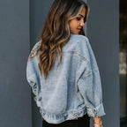 Trendy Women's Denim Jacket with Leopard Print Patchwork Casual Jean Outerwear — Image 3